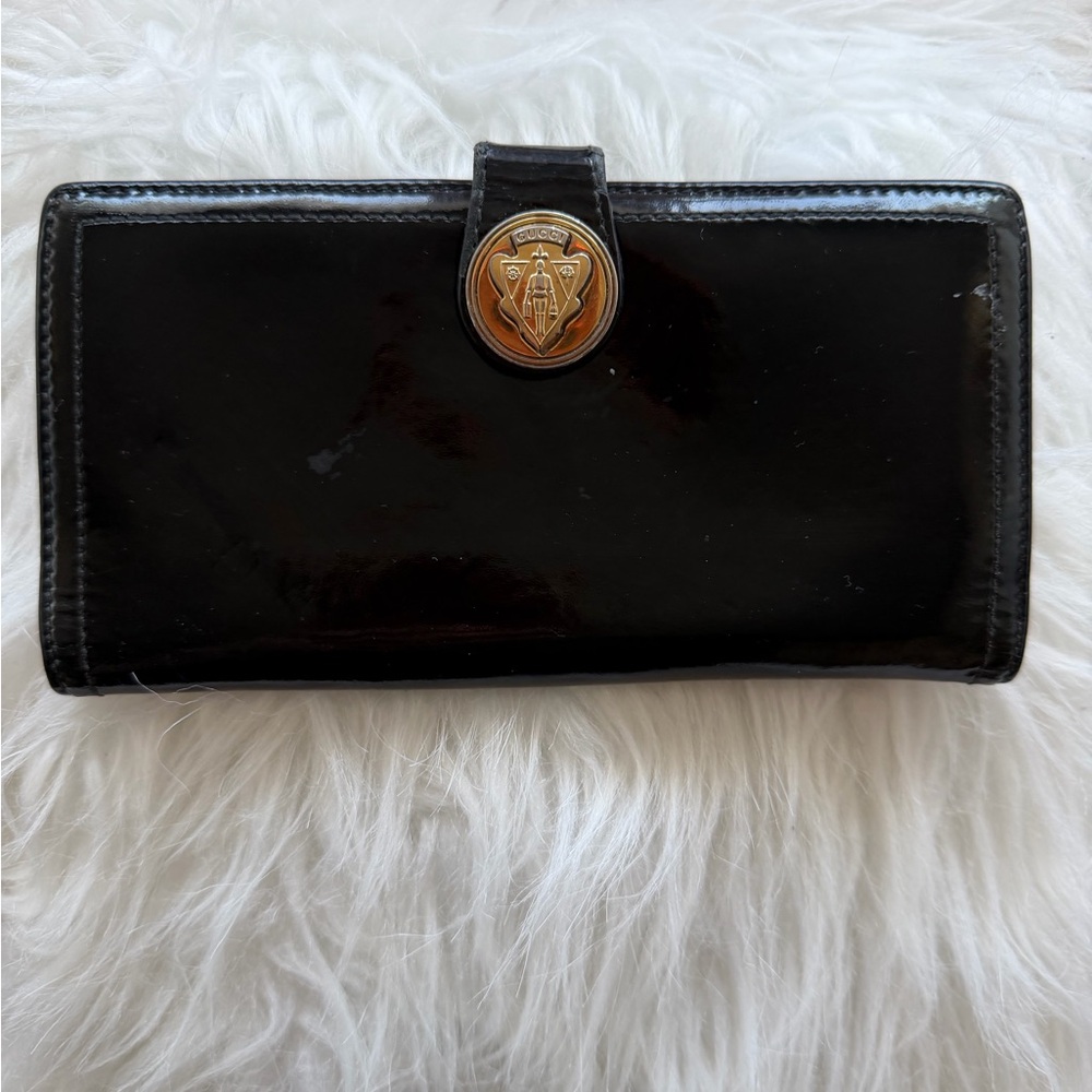 Gucci Black Patent Leather Women's Wallet with Gold Emblem